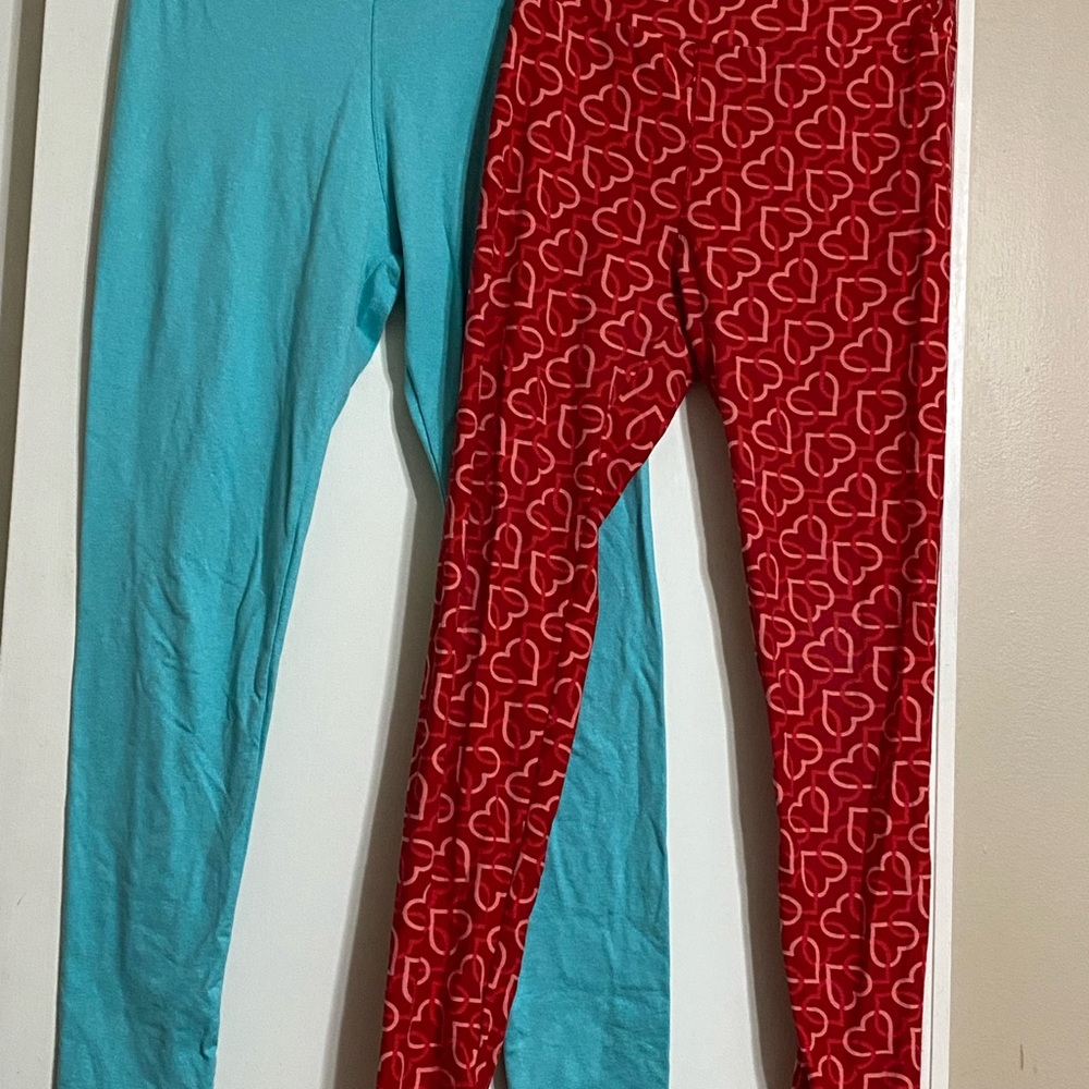 Heart Patterned Red and Solid Blue Kids Leggings